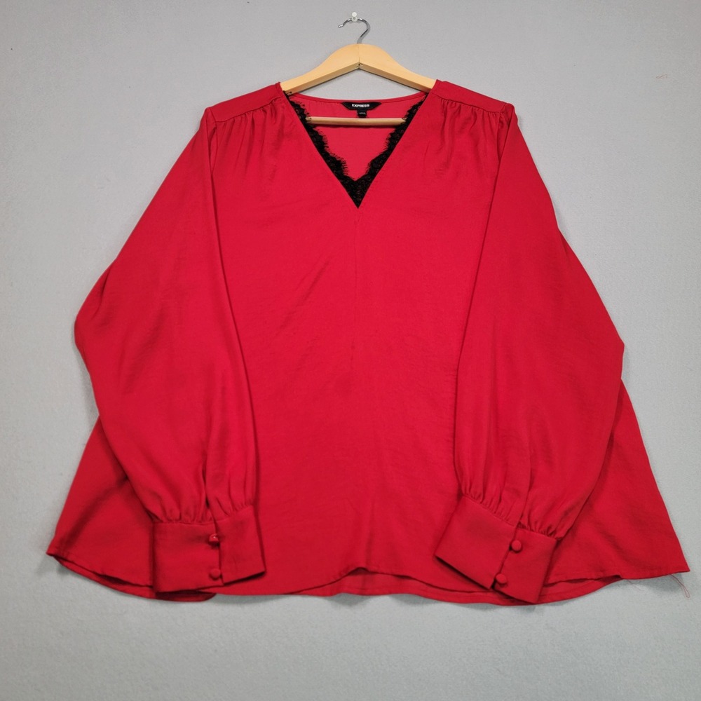 Express Womens XL Red Lace Trim V-Neck Long Sleeve Blouse‎ Top Whimsigoth
